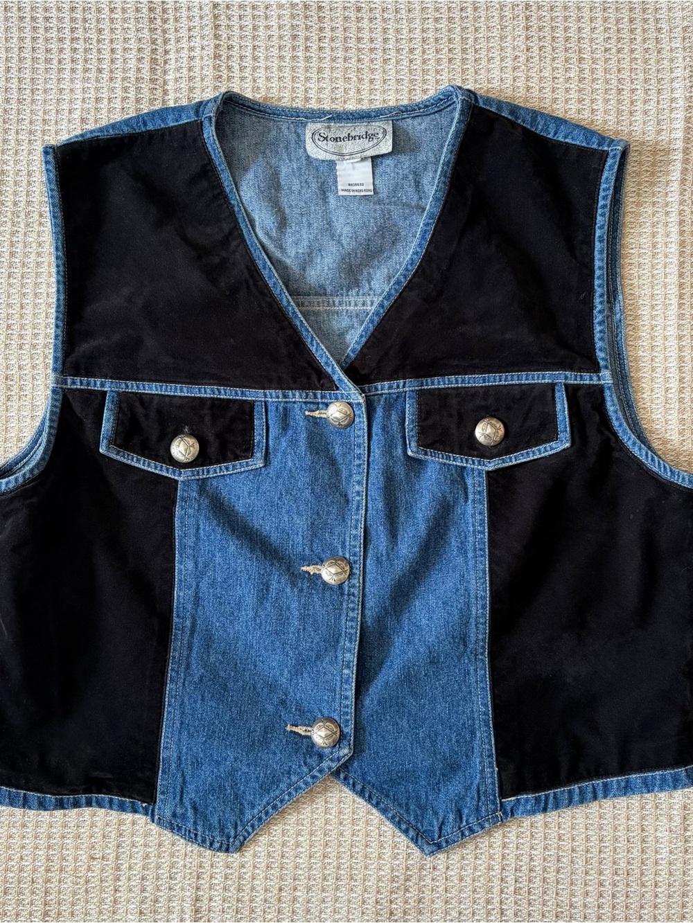 VTG 90s Stonebridge Black Velvet and Blue Denim Vest